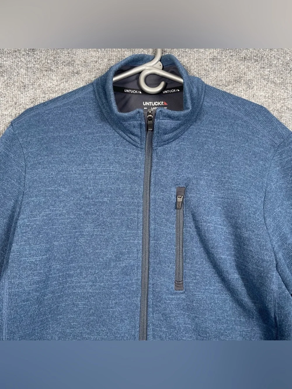 Untuckit Men’s Large Blue Kezoh Full Zip Fleece Sweater Knit‎ Jacket Preppy Cozy